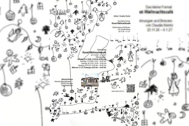 Plakat zum Kunst-Weihnachtscafé mit handgezeichneten Weihnachtsmotiven, Terminen, QR-Code und Angaben zu Atelier Claudia Krentz in Wurster Nordseeküste.