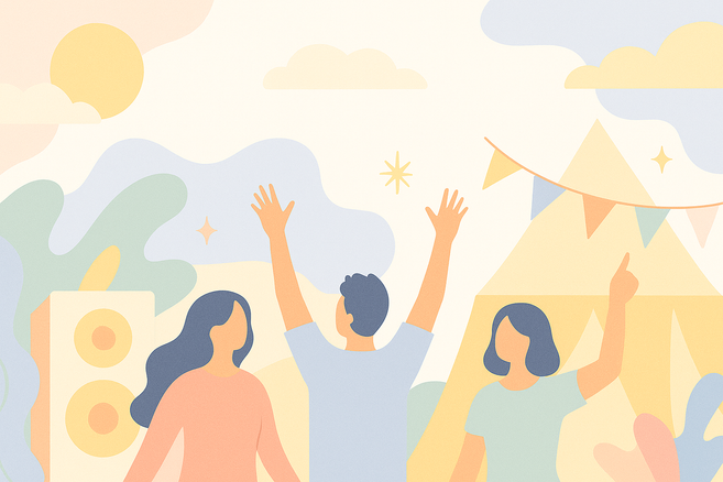 Abstrakte Festival-Illustration in hellen Pastellfarben mit stilisierten Menschen, Fahnen, Zelten und Sonne.
