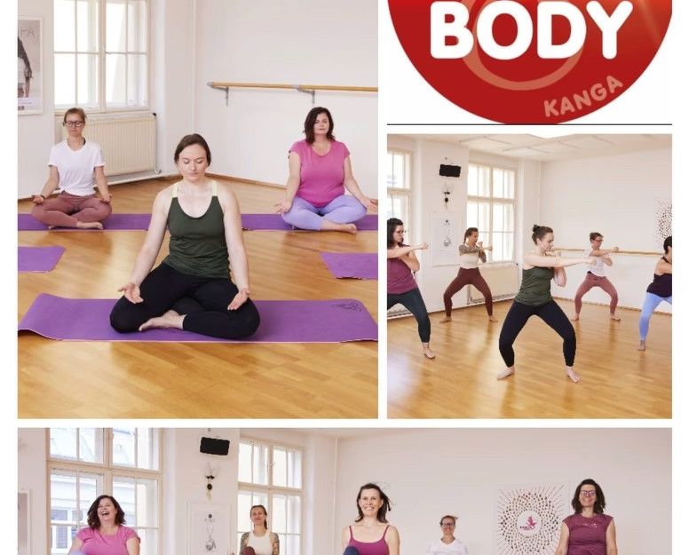 Frauen in einem Fitnessstudio machen Yoga und Fitnessübungen auf Matten.