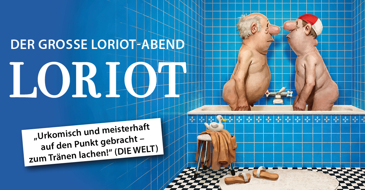 Zwei cartoonartige Figuren stehen nackt in einer Badewanne in einem blauen gefliesten Badezimmer.