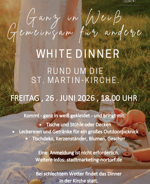 Einladungsplakat für das White Dinner 2026 in Nortorf, mit einer Frau in weißem Kleid auf einer Picknickdecke im Freien.