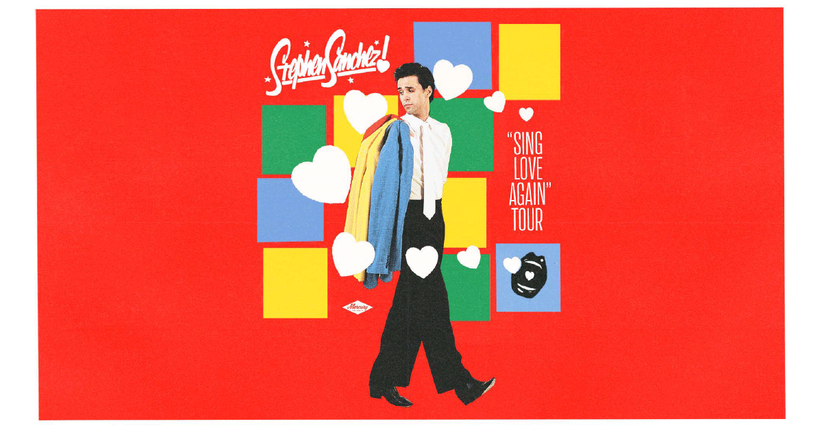 Plakat der "Sing Love Again" Tour von Stephen Sanchez mit bunten Quadraten und Herzen auf rotem Hintergrund.