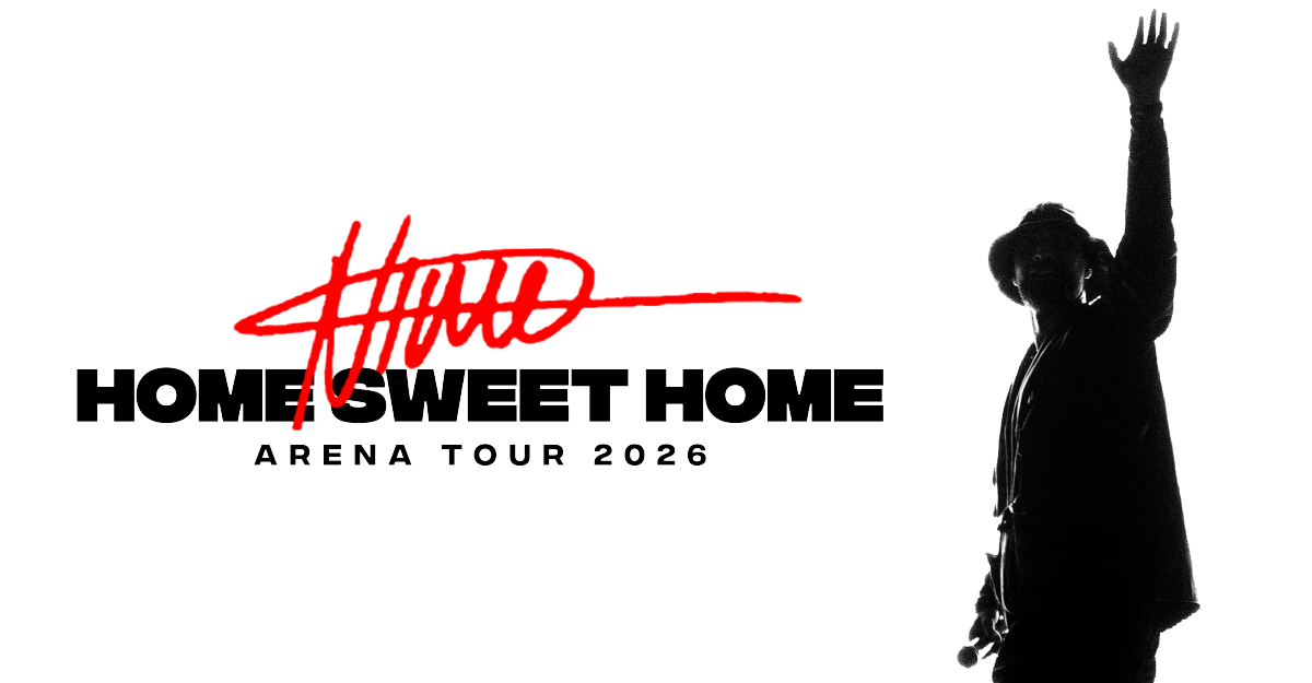 Silhouette eines Sängers mit erhobener Hand neben dem Schriftzug 'Home Sweet Home Arena Tour 2026'.