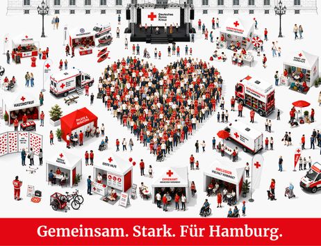 Grafik mit einem Herz in der Mitte und Menschen, Ständen und Fahrzeugen drum herum