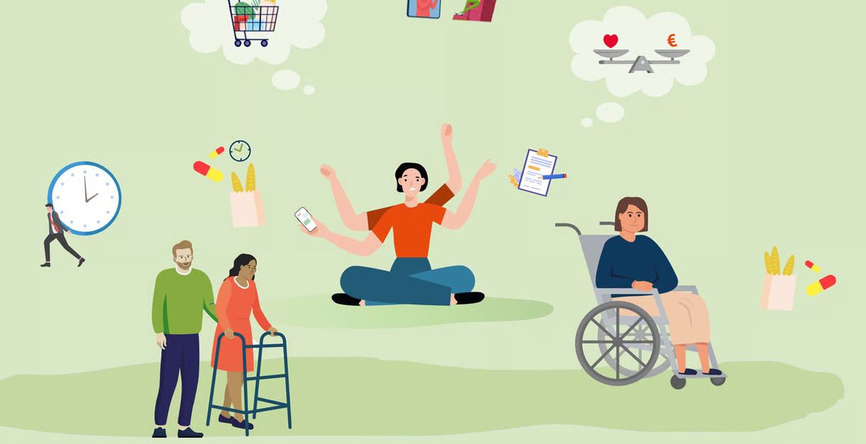 Illustration von Menschen, die verschiedene Aufgaben jonglieren, darunter Pflege und Arbeit. Eine Person sitzt im Rollstuhl, eine andere nutzt einen Rollator.