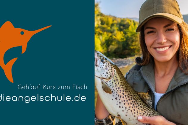 dieangelschule.de Seminare Angelschein in Hamburg Logo und Anglerin mit gefangenem Fisch