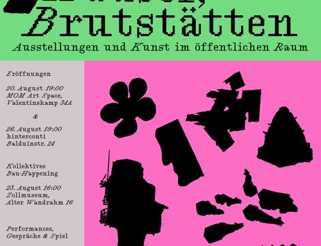 Ausstellungsplakat in leuchtenden Farben. In Schwarz sind die Umrisse verschiedener architektonischer Elemente und Skulpturen zu erkennen: Wasserspeier, ein Turm, eine Blume und eine Kub-Form.