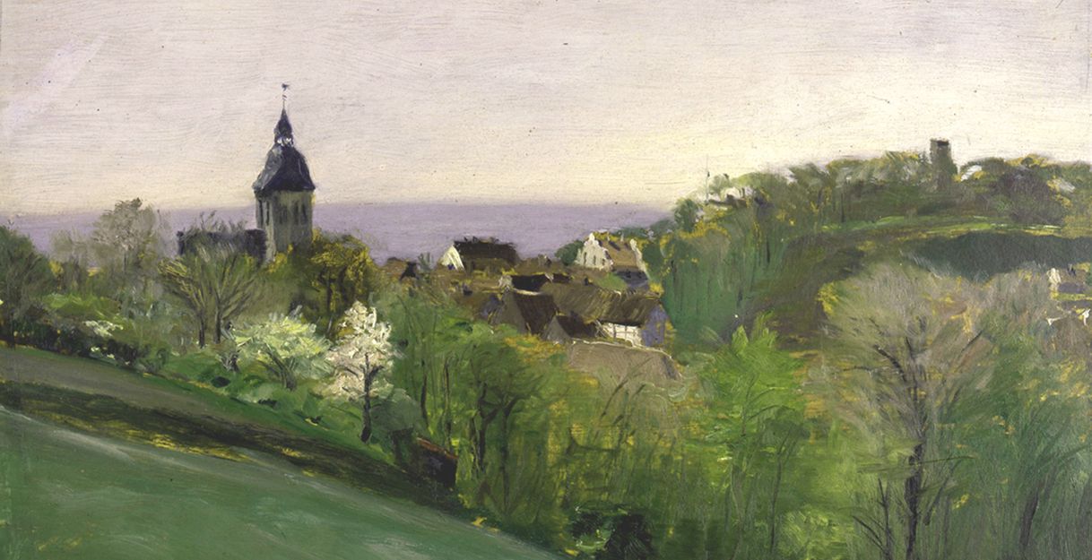 Landschaftsgemälde mit Kirchturm und grüner Vegetation.