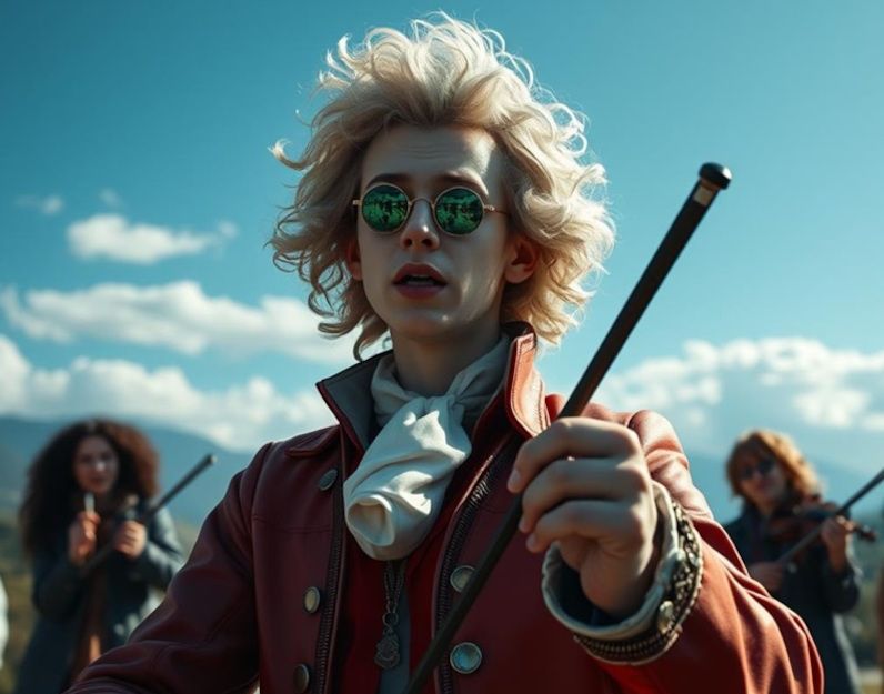 Person mit blonden Locken und Sonnenbrille hält einen Dirigentenstab, im Hintergrund zwei weitere Personen mit Geigen.
