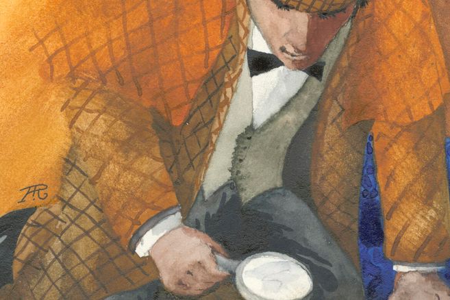 Illustration eines Detektivs mit kariertem Mantel und Deerstalker-Hut, der eine Lupe hält.