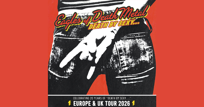 Poster der Eagles of Death Metal Tour 2026 mit Jeans und Handgeste.