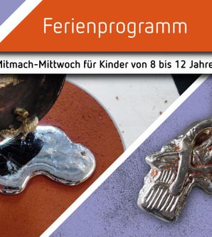Ein Schmuckstück aus Metall wird in eine Form gegossen, rechts ist das fertige Schmuckstück abgebildet
