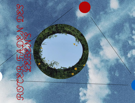 Künstlerische Darstellung mit einem runden Spiegel, der von Pflanzen umgeben ist, auf einem blauen Hintergrund mit Wolken. Drei farbige Kreise und der Text 'Roter Faden des Lebens'.