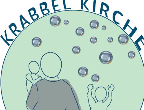 Illustration von Erwachsenen und Kindern mit Seifenblasen und dem Schriftzug 'Krabbelkirche'.