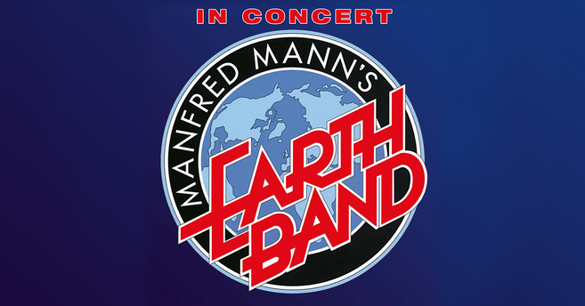 Logo von Manfred Mann's Earth Band mit Weltkarte im Hintergrund und rotem Schriftzug.