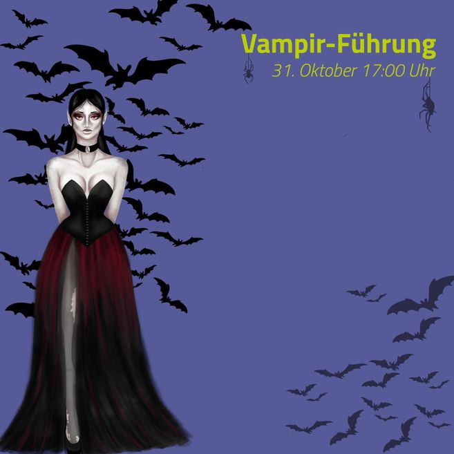 A vampiric figure in an elegant dress stands in front of a purple background. Black bats are flying around her, and the event is announced for October 31st.