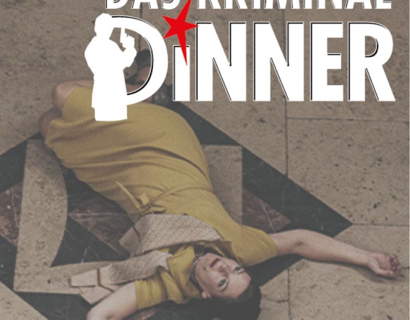 Frau in gelbem Kleid liegt auf dem Boden, umgeben von einem Kriminal-Dinner-Logo.