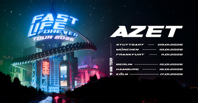 Poster der Fast Life Forever Tour 2026 von Azet mit Tourdaten und futuristischer Stadt im Hintergrund.
