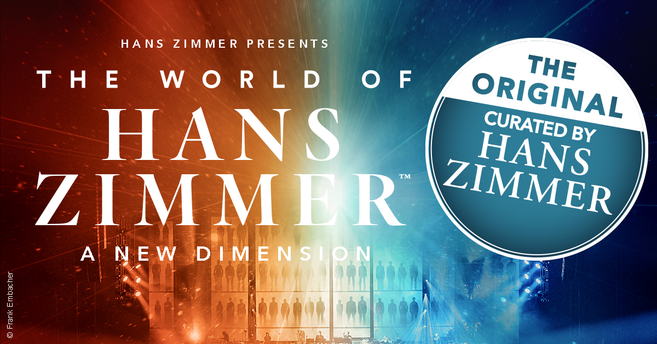 Plakat für 'The World of Hans Zimmer - A New Dimension' mit blau-rotem Hintergrund und einem runden Siegel mit der Aufschrift 'The Original Curated by Hans Zimmer'.