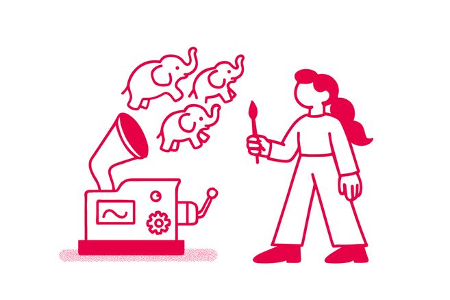 Illustration einer Person mit Pinsel und einer Maschine, die Elefanten auswirft.