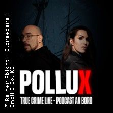 Zwei Personen vor einem dunklen Hintergrund mit dem Text 'Pollux True Crime Live - Podcast an Bord'.