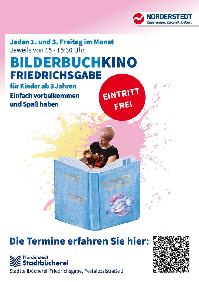 Plakat für das Bilderbuchkino in Friedrichsgabe mit Informationen zu Terminen und freiem Eintritt.