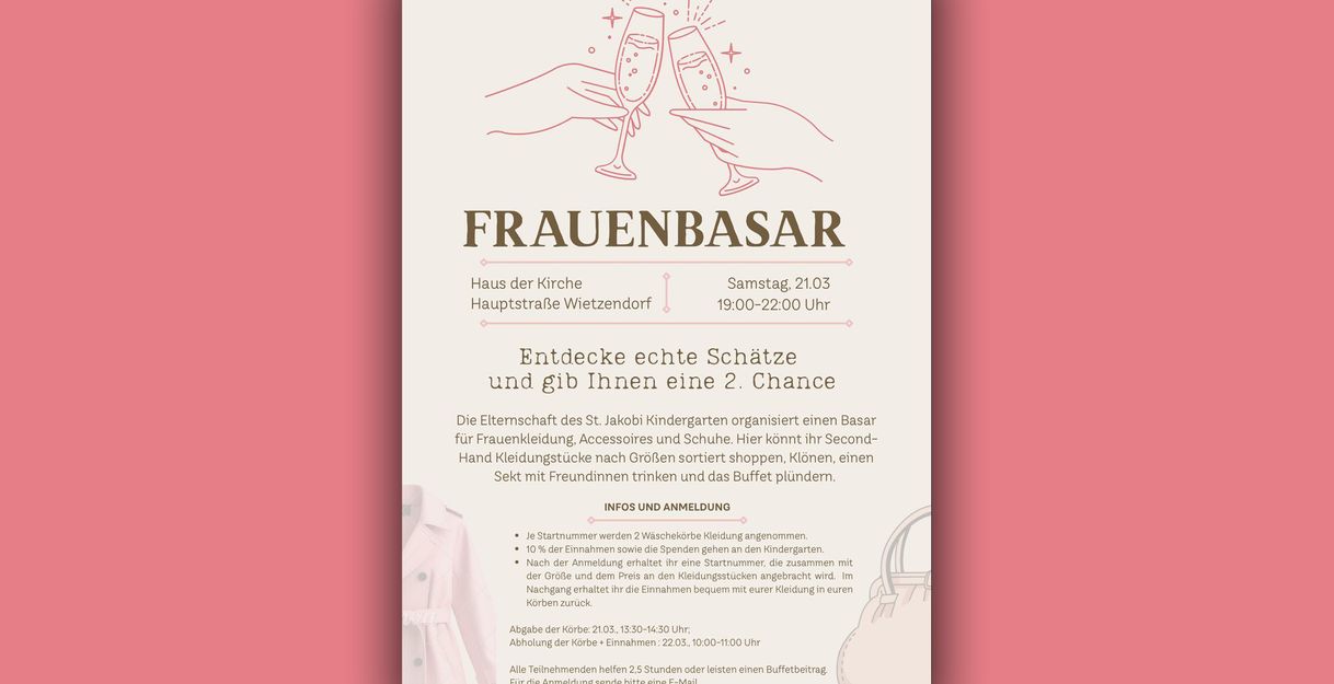 Ein Flyer für einen Frauenbasar mit Informationen zu Datum, Ort und Anmeldung.