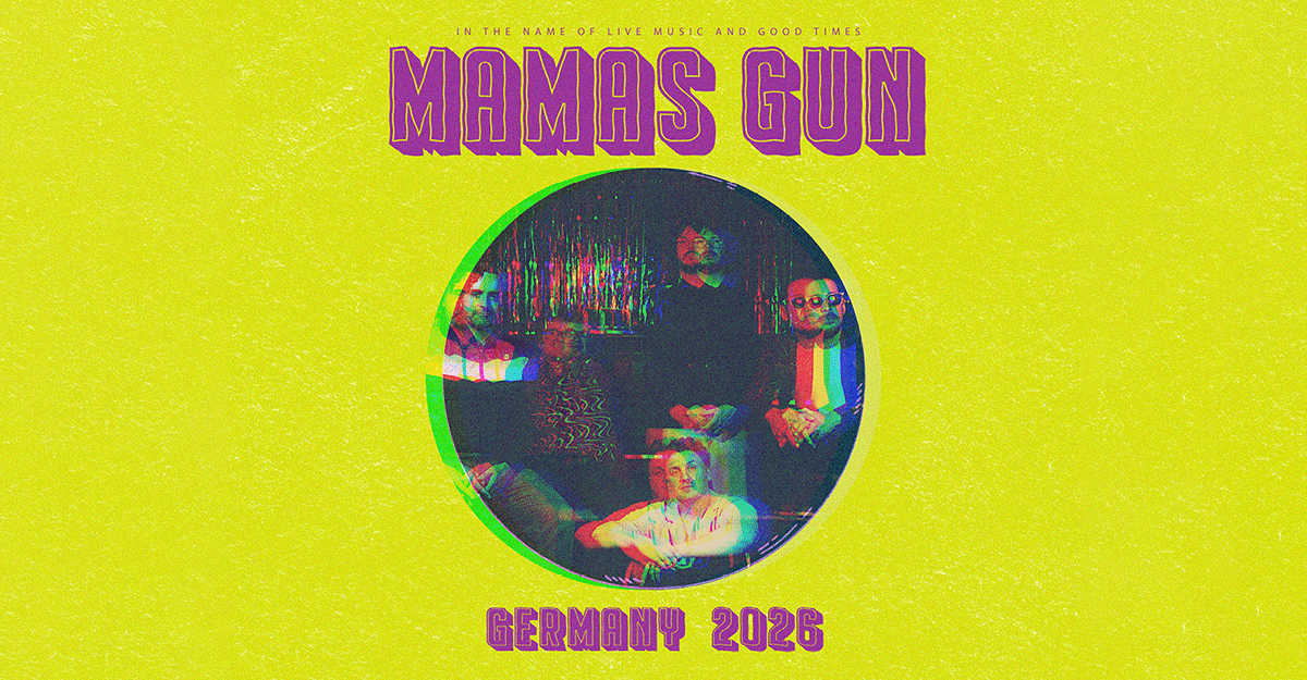 Poster der Band Mamas Gun mit psychedelischen Farben und Tourdaten für Deutschland 2026.