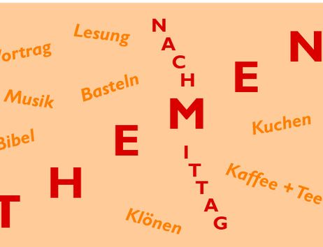Grafik mit dem Wort 'Themenachmittag' und verschiedenen Aktivitäten wie Vortrag, Lesung, Musik, Basteln, Kaffee und Kuchen.