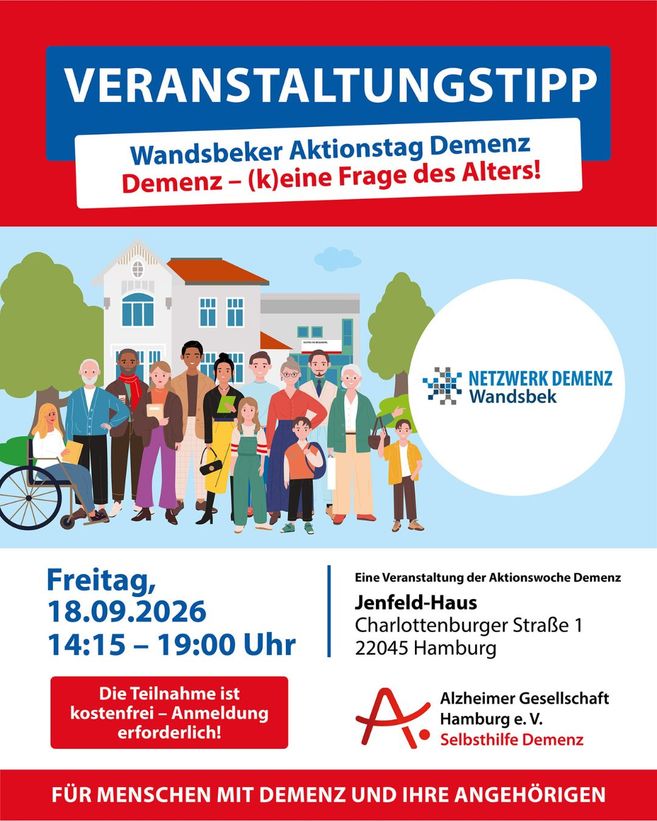 Illustration fröhlicher junger und alter Menschen, die sich vor einem Bürgerhaus versammeln 