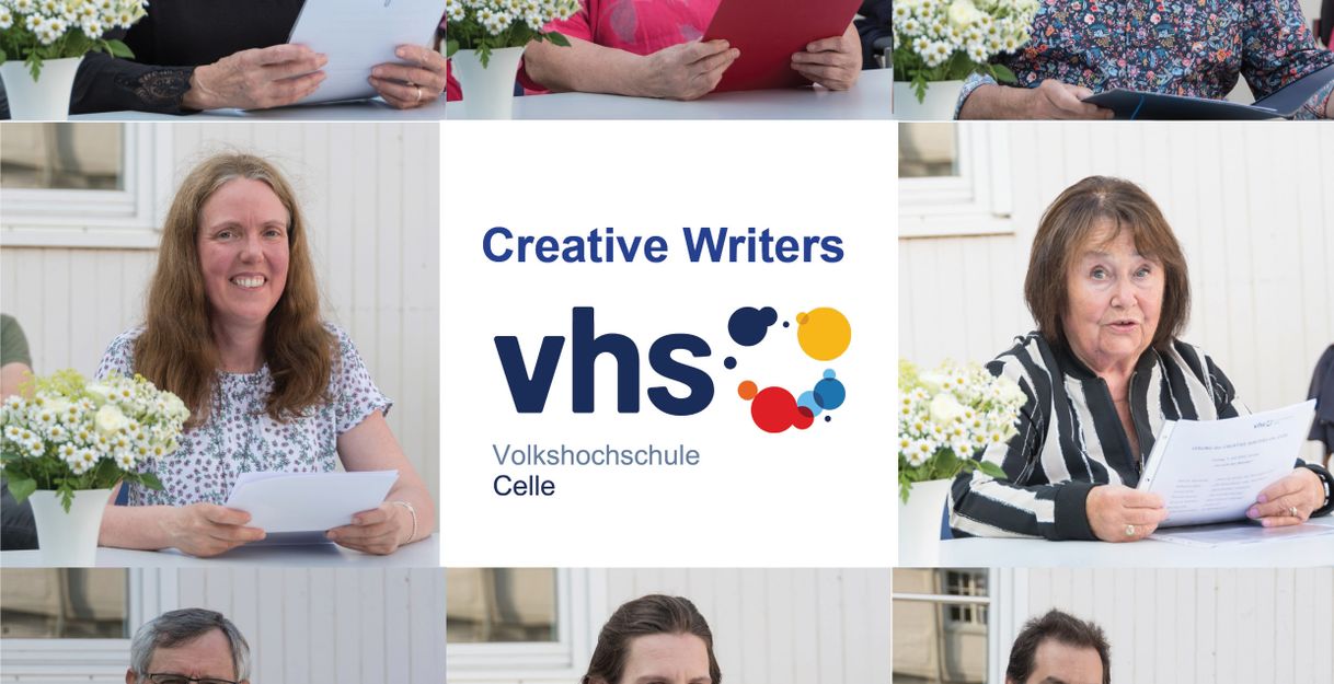 Collage von Personen, die bei einer Lesung der VHS Celle teilnehmen.