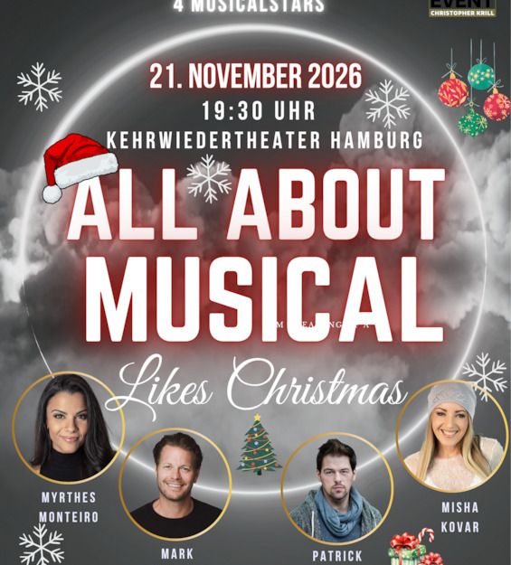 Poster für das Event 'All About Musical - Likes Christmas' mit vier Musicalstars und einer Liveband.