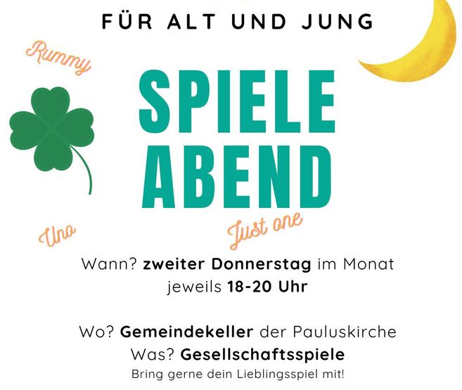 Einladungsplakat für einen Spieleabend im Gemeindekeller der Pauluskirche mit Text und Grafiken von Spielkarten und einem Kleeblatt.