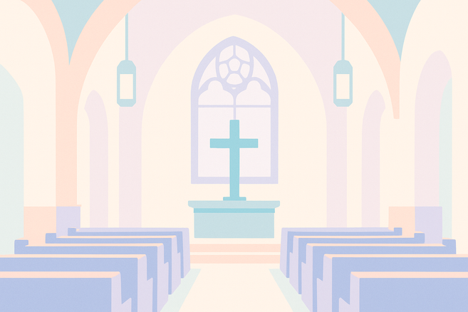 Illustration eines Kircheninnenraums mit Bänken und einem Kreuz auf dem Altar.