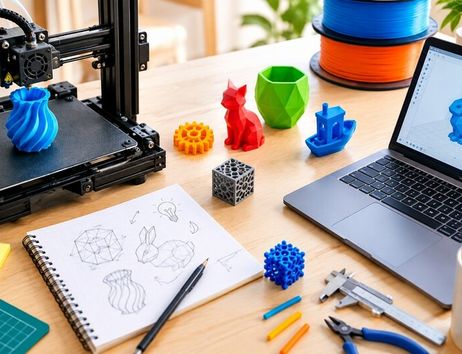 3D-Druckwerkstatt mit 3D-Drucker, Laptop, Skizzenbuch und bunten gedruckten Objekten auf einem Tisch.