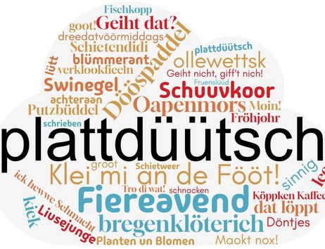Wortwolke mit plattdeutschen Ausdrücken in verschiedenen Farben und Größen.