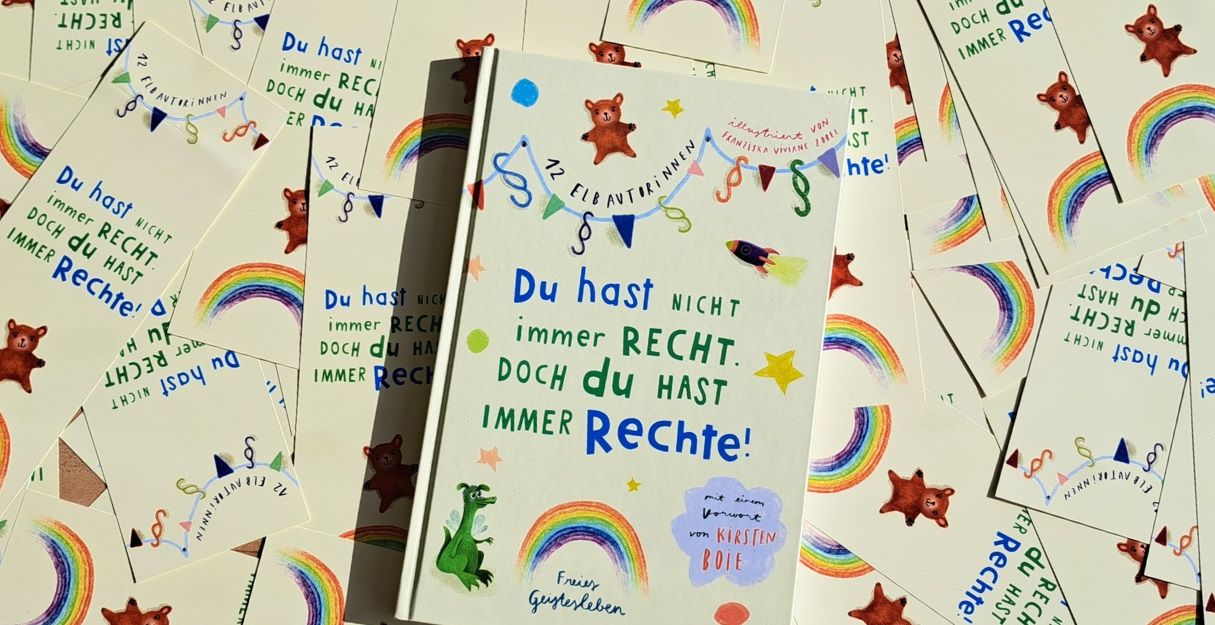 Buch mit dem Titel 'Du hast nicht immer Recht, doch du hast immer Rechte!' umgeben von vielen Lesezeichen mit ähnlichem Design.