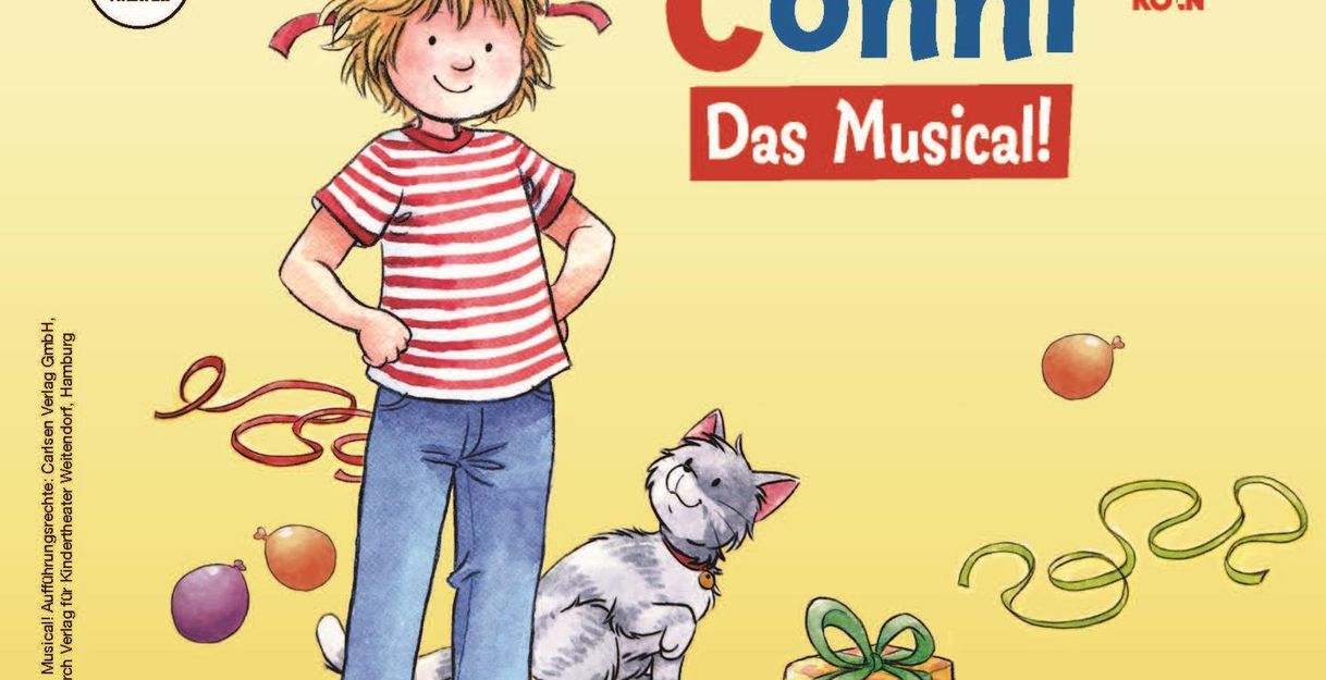 Illustration von Conni mit Katze und Geschenken auf einem gelben Hintergrund.