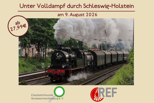 Eine Dampflok bei der Ausfahrt in Dammtor. Veranstaltungstitel sowie Preise werden genannt