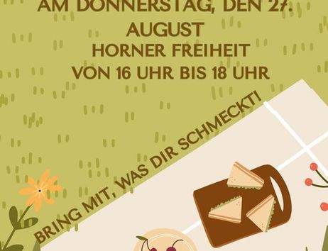 Einladungsplakat für ein Stadtteil-Picknick mit Datum, Uhrzeit und Ort, umgeben von Picknick-Illustrationen.
