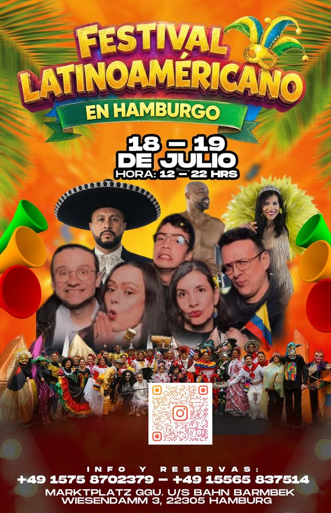 Festival Latinoamericano Hamburg 2026 18. & 19. Juli | Bert-Kaempfert-Platz, Barmbek Erlebe zwei unvergessliche Tage voller Musik, Kultur und Lebensfreude mitten in Hamburg! Das Festival Latinoamericano verwandelt den Bert-Kaempfert-Platz in Barmbek in ein farbenprächtiges Fest der Begegnung – mit traditionellen Folkloregruppen, mitreißenden Orchestern und einem Programm, das den ganzen Tag über begeistert. Freut euch auf Live-Auftritte von traditionellen Tanzgruppen aus Lateinamerika, die die Bühne mit Rhythmus und Leidenschaft zum Leben erwecken. An unserer Riesenleinwand könnt ihr gemeinsam das Finale verfolgen – ein unvergessliches Erlebnis für die ganze Familie! Und natürlich darf das kulinarische Abenteuer nicht fehlen: Entdeckt die Vielfalt der lateinamerikanischen, afrikanischen und deutschen Gastronomie – von würzigen Asados über exotische Spezialitäten bis hin zu regionalen Köstlichkeiten. Für jeden Geschmack ist etwas dabei! Kommt vorbei, feiert mit uns und lasst euch von der Energie und Wärme dieses einzigartigen Festivals mitreißen. Eintritt frei – für alle!