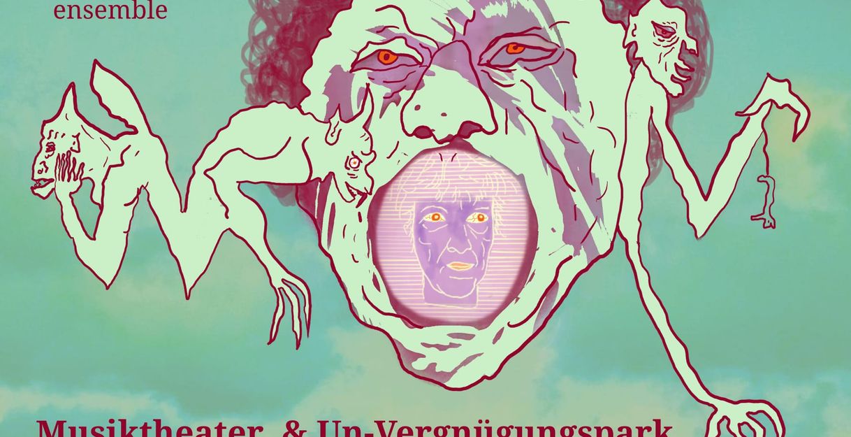 Illustration mit surrealen Figuren und einem großen Gesicht im Hintergrund. Text: 'Katrof ensemble' und 'Musiktheater & Un-Vergnügungspark'.