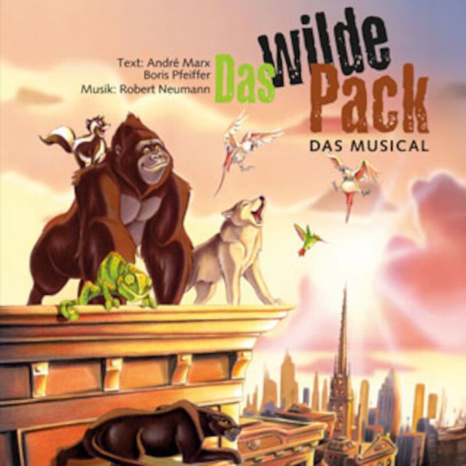 Illustration von Tieren auf einem Dach mit Stadt im Hintergrund, Titel 'Das Wilde Pack - Das Musical'.