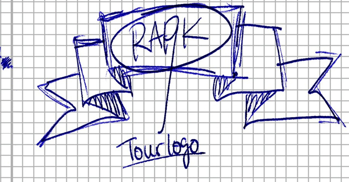 Handgezeichnetes Tourlogo mit dem Schriftzug 'RAP K' auf kariertem Papier.