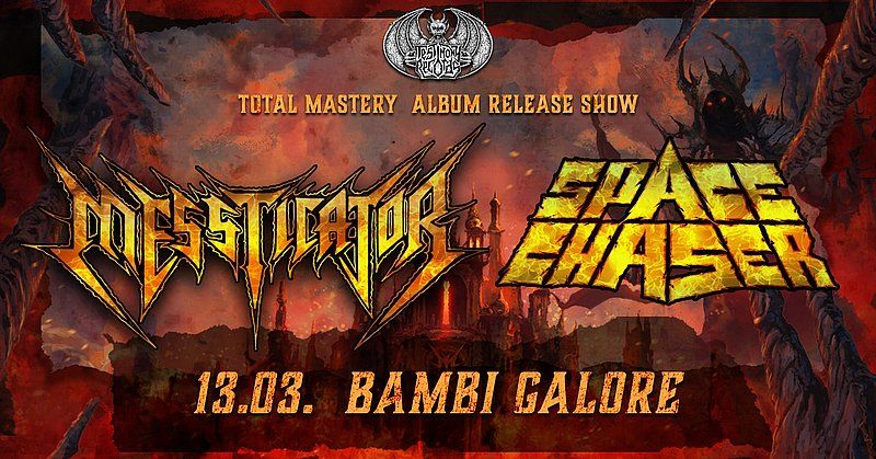 Album-Release-Show „Total Mastery“ am 13.03. im Bambi Galore mit Messiah und Space Chaser, düsteres Metal-Artwork mit Flammen und Dämonenfigur.