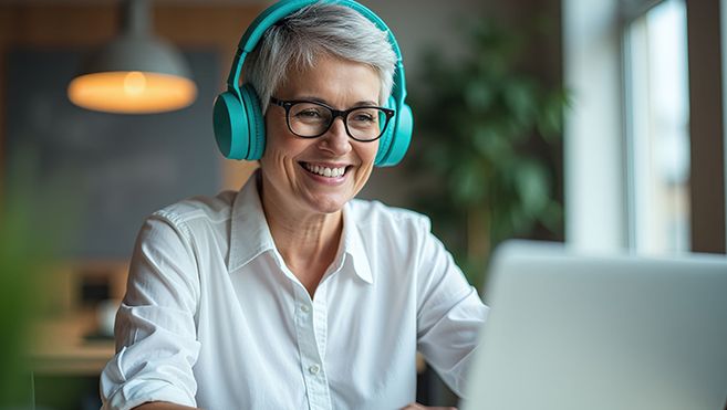 Man sieht eine Frau mit türkusblauen Kopfhörern vor einem Laptop Bildschirm