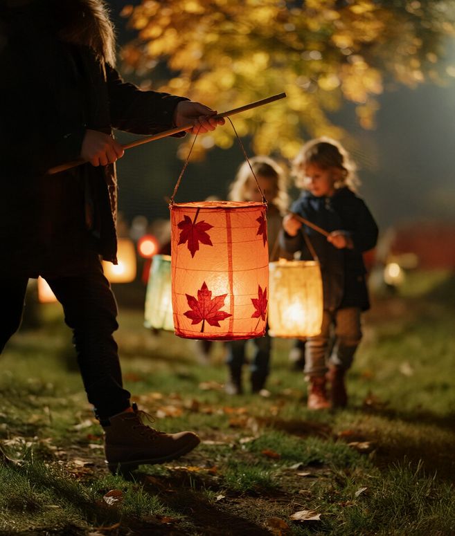 Kinder und Erwachsene beim Martinsumzug mit leuchtenden Laternen im Wald, im Vordergrund eine rote Laterne mit Blättern.