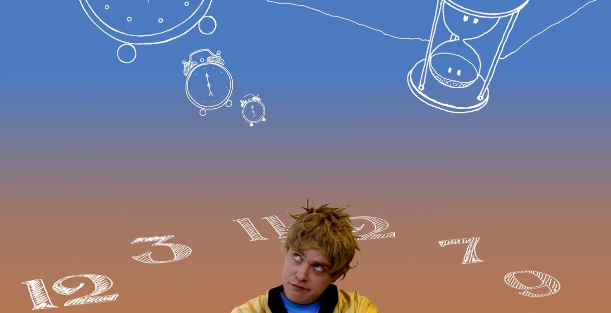 86 A man sits on a chair, the numbers of a clock circle around him as a graphic.