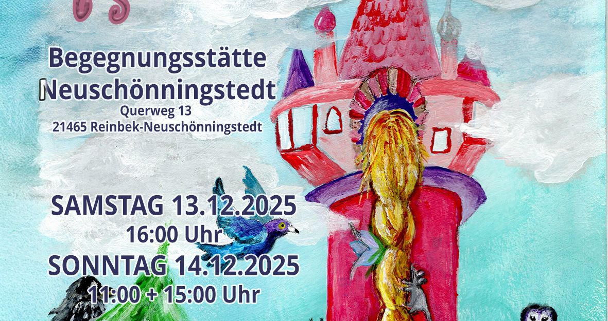 Rapunzelschriftzug und Rapunzelturm mit hängendem Haar im Wald gemalt